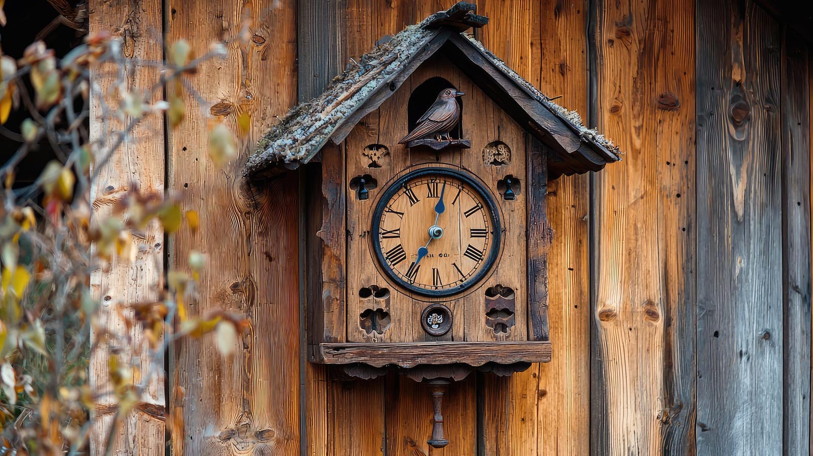 Orologio da parete in legno intagliato con lancette blu e un piccolo uccello scolpito